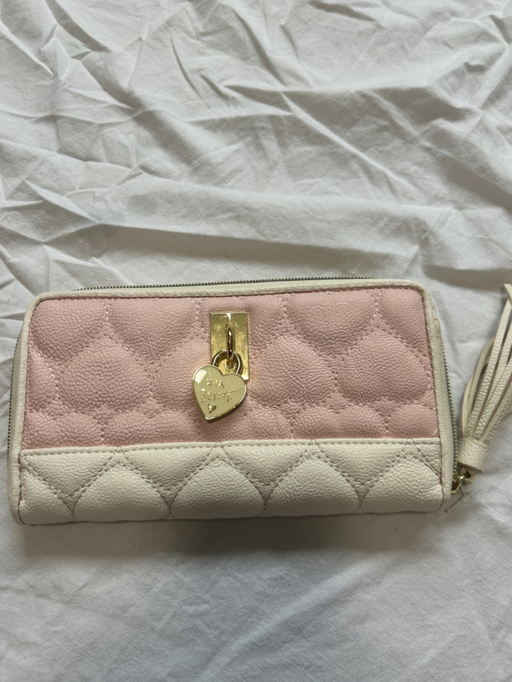 Betsey Johnson Pink and Cream Quilted Heart Clutch Wallet